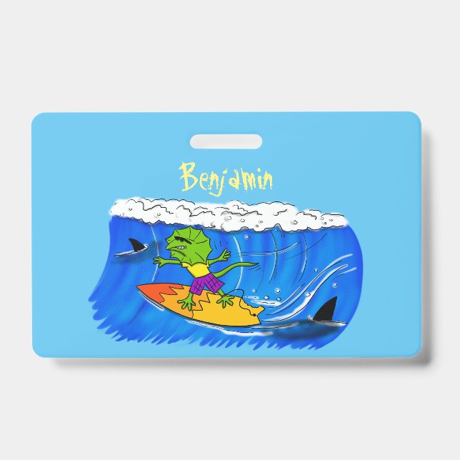 Funny frilled neck lizard surfing cartoon badge (Front)