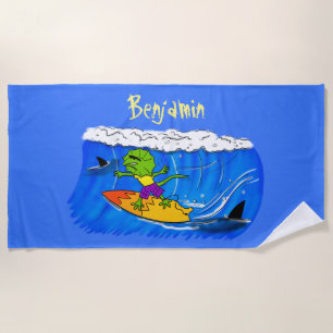 Funny frilled neck lizard surfing cartoon beach towel