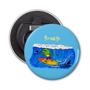 Funny frilled neck lizard surfing cartoon bottle opener