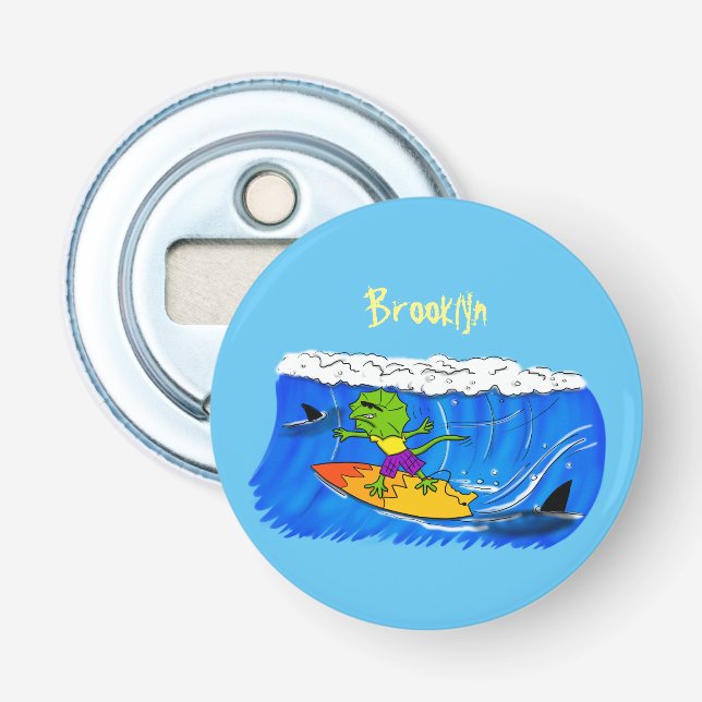 Funny frilled neck lizard surfing cartoon bottle opener (Front)
