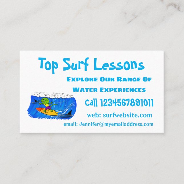 Funny frilled neck lizard surfing cartoon business card (Front)