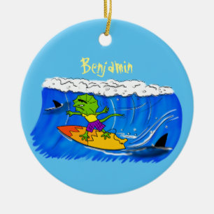 Funny frilled neck lizard surfing cartoon ceramic ornament