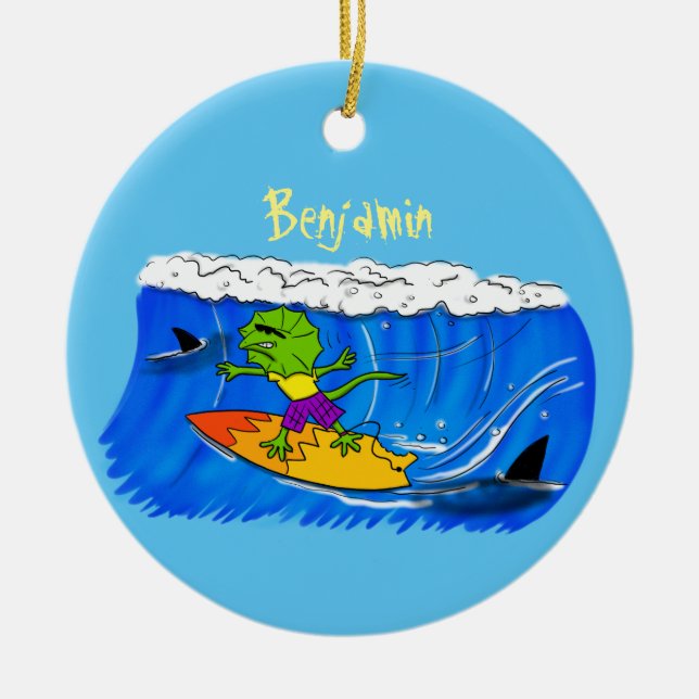 Funny frilled neck lizard surfing cartoon ceramic ornament (Front)