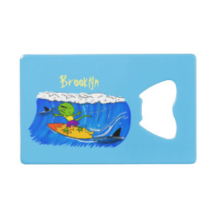 Funny frilled neck lizard surfing cartoon credit card bottle opener