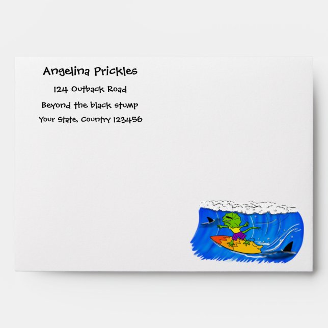Funny frilled neck lizard surfing cartoon envelope (Front)