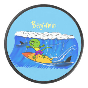 Funny frilled neck lizard surfing cartoon hockey puck