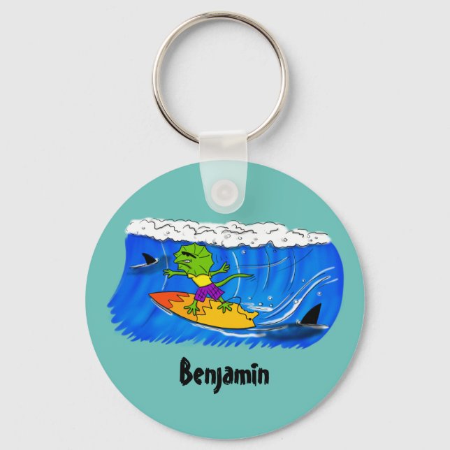 Funny frilled neck lizard surfing cartoon keychain (Front)