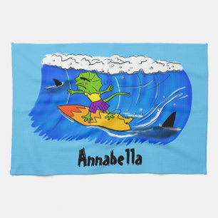 Funny frilled neck lizard surfing cartoon kitchen towel
