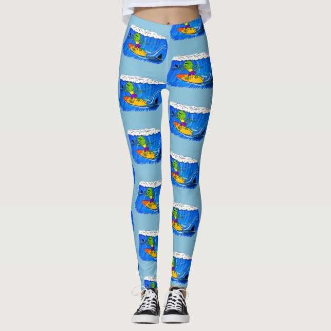 Funny frilled neck lizard surfing cartoon leggings (Front)