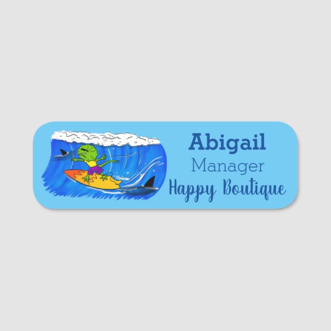 Funny frilled neck lizard surfing cartoon name tag (Front)