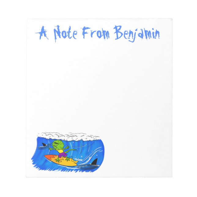 Funny frilled neck lizard surfing cartoon notepad (Front)