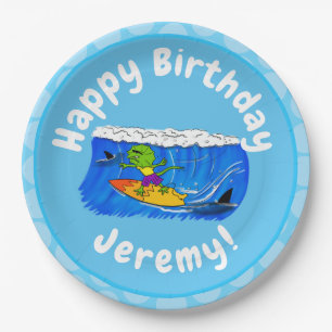 Funny frilled neck lizard surfing cartoon paper plate