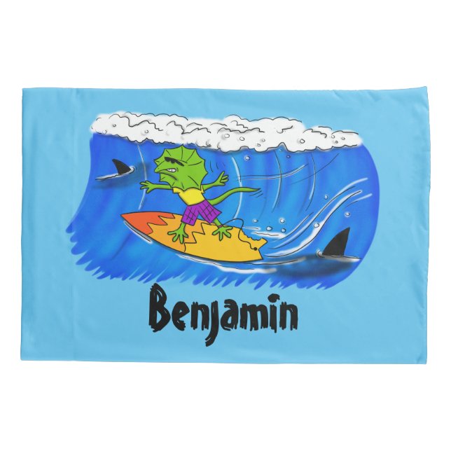 Funny frilled neck lizard surfing cartoon pillowcase (Back)