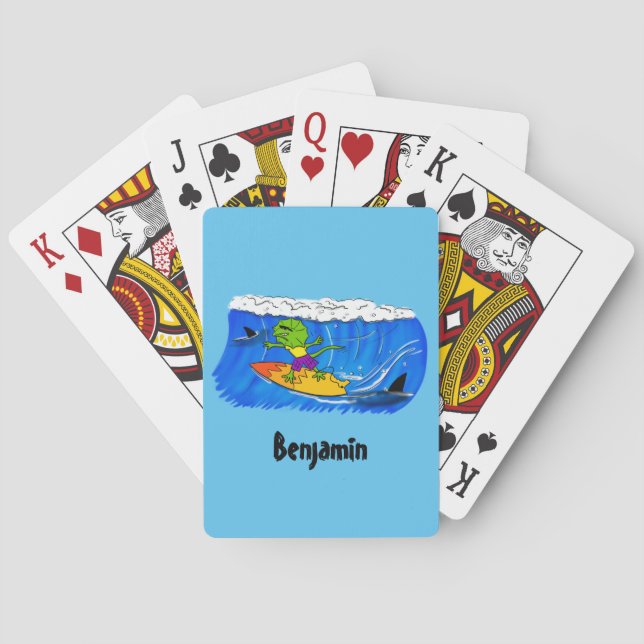 Funny frilled neck lizard surfing cartoon playing cards (Back)