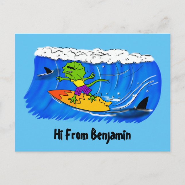 Funny frilled neck lizard surfing cartoon postcard (Front)