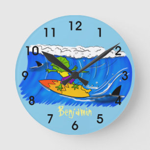 Funny frilled neck lizard surfing cartoon round clock