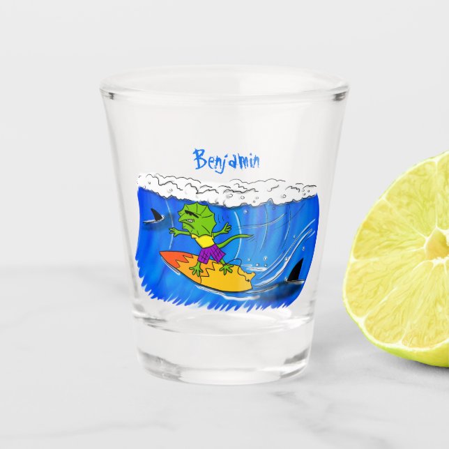 Funny frilled neck lizard surfing cartoon  shot glass (Front)
