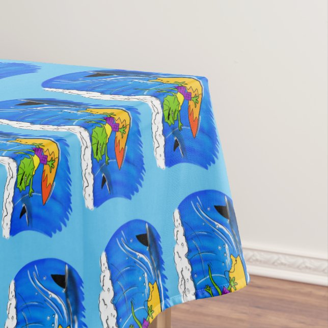 Funny frilled neck lizard surfing cartoon tablecloth (In Situ)