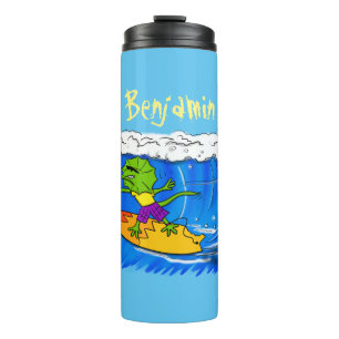 Funny frilled neck lizard surfing cartoon thermal tumbler