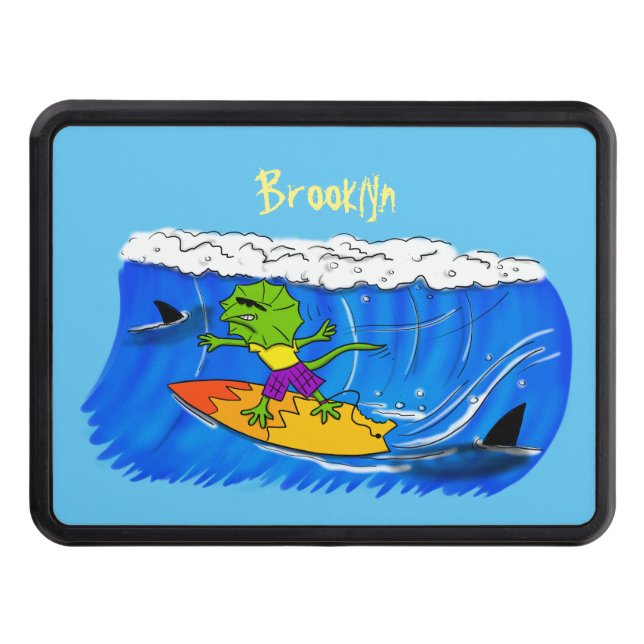 Funny frilled neck lizard surfing cartoon trailer hitch cover (Front)
