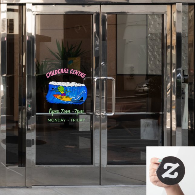 Funny frilled neck lizard surfing cartoon window cling (Office Door)