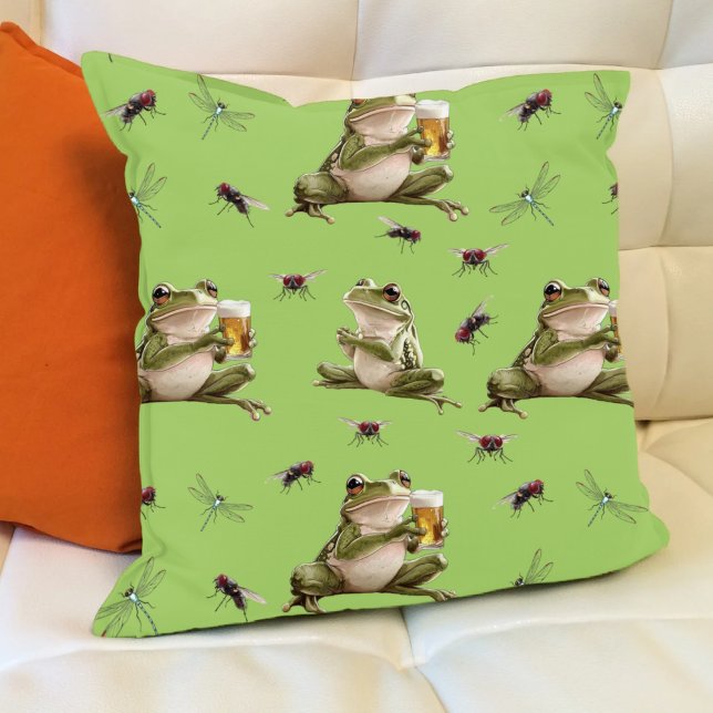 Funny Frog and Dragonfly Light Green Pattern Throw Pillow (Funny frogs, beer, flies and dragonflies in light green.)