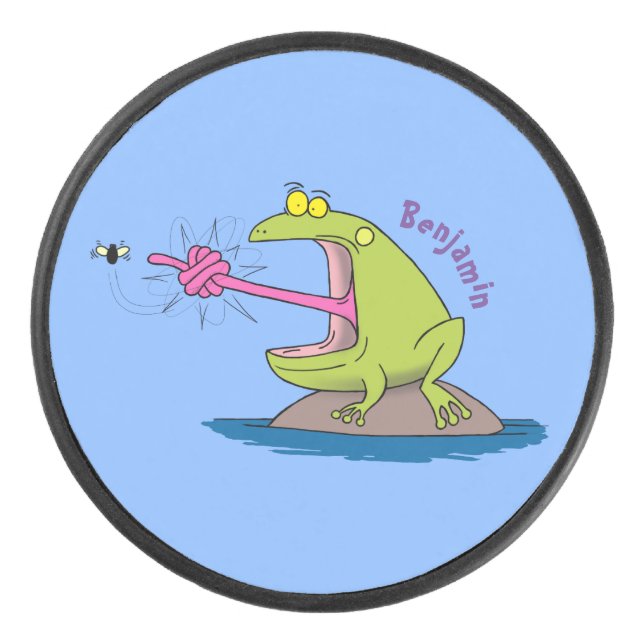 Funny frog and fly cartoon hockey puck (Front)