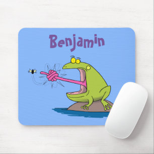 Funny frog and fly cartoon mouse pad