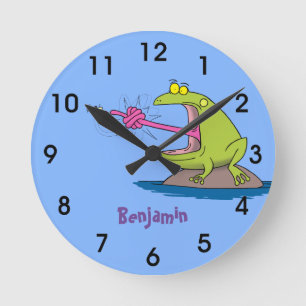 Funny frog and fly cartoon round clock