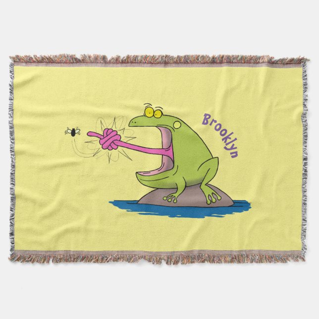 Funny frog and fly cartoon throw blanket (Front)