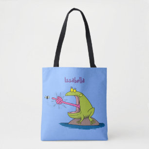 Funny frog and fly cartoon tote bag