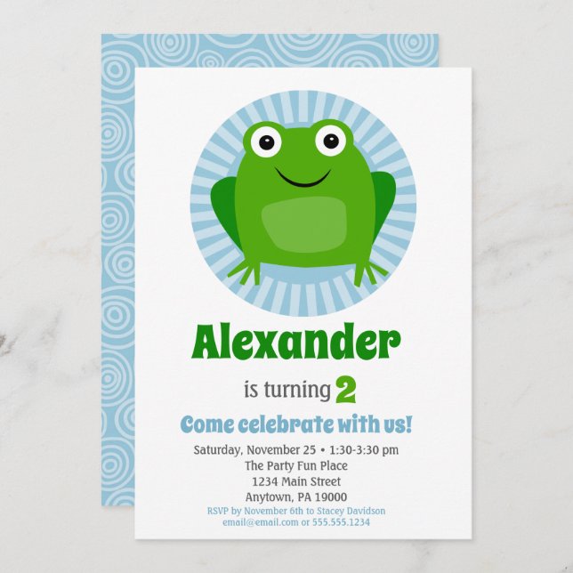 Funny Frog Boys Invitation d'anniversaire (Devant / Derrière)