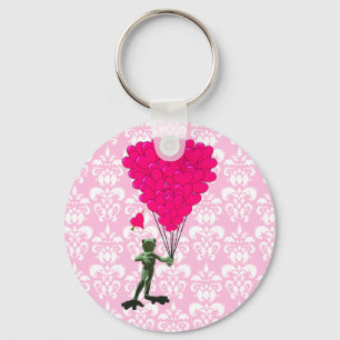 Funny frog cartoon & pink heart on damask keychain