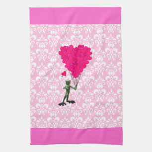 Funny frog cartoon & pink heart on damask kitchen towel