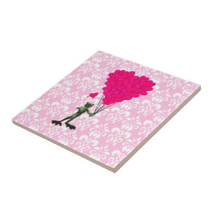 Funny frog cartoon & pink heart on damask tile