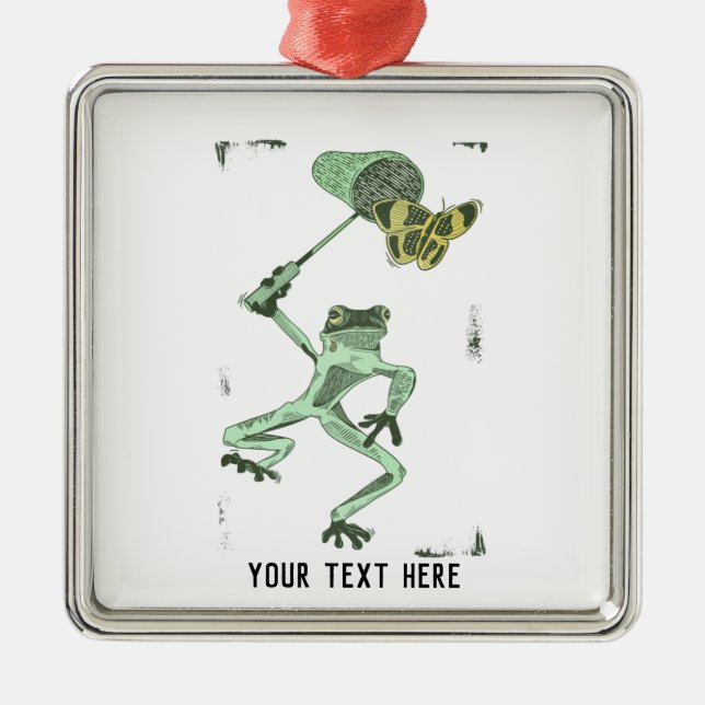 Funny frog chasing a butterfly metal ornament (Front)