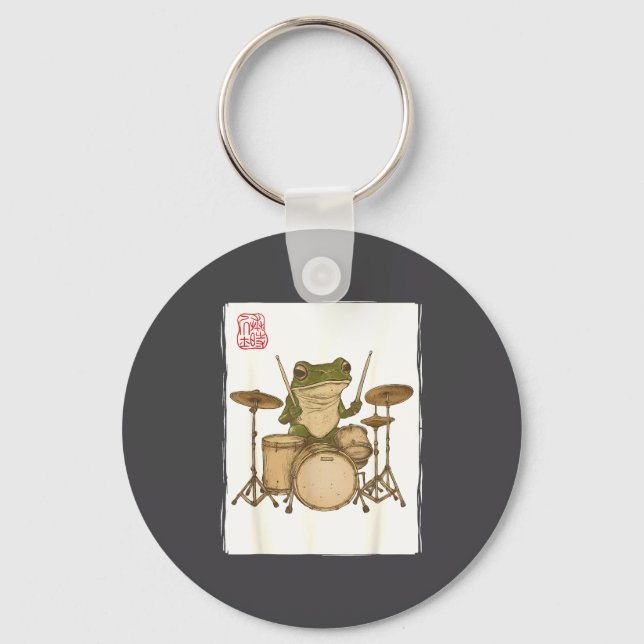 Funny Frog Drum Rock Music Kawaii Japanese  Keychain (Front)