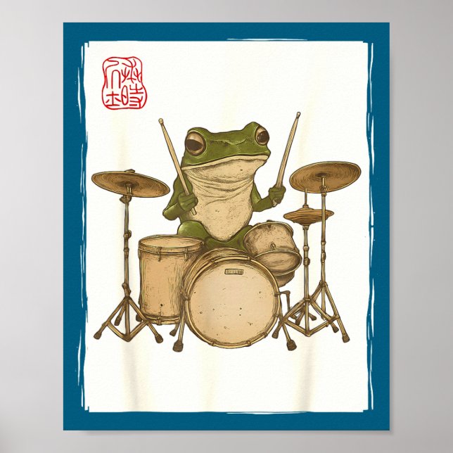 Funny Frog Drum Rock Music Kawaii Japanese  Poster (Front)