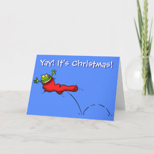 Funny frog in red stocking Christmas greeting card