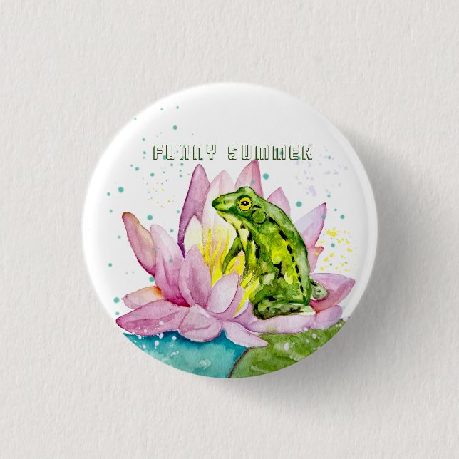 Funny frog on a lotus 1 inch round button (Front)