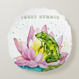 Funny frog on a lotus round pillow