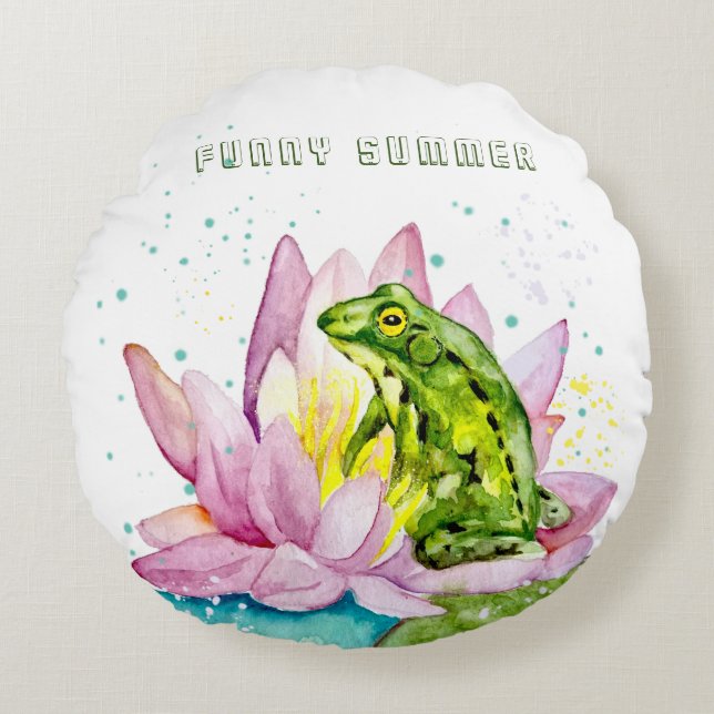 Funny frog on a lotus round pillow (Front)