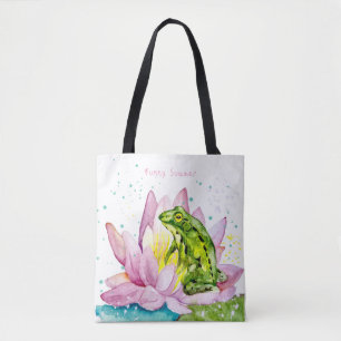 Funny frog on a lotus tote bag