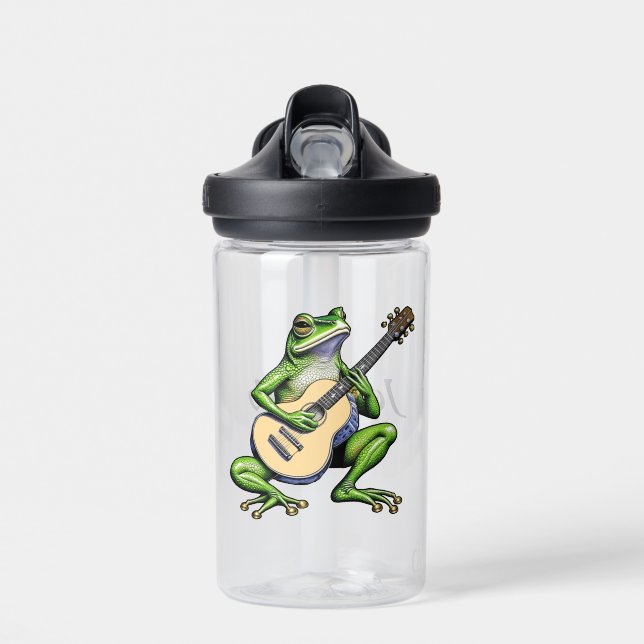 Funny Frog Playing Guitar Personalized Water Bottle (Front)