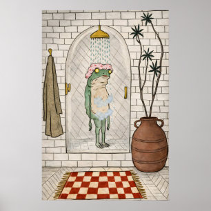 Funny Frog Shower Poster, Retro Whimsical Bathroom Poster