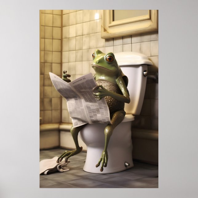 Funny Frog Toilet Print, Newspaper Reading Animal Poster (Front)