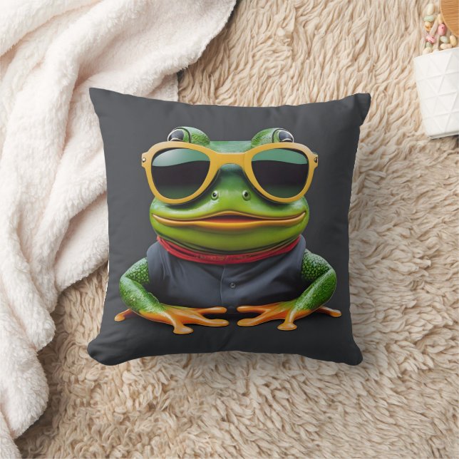 Funny frog with sunglasses throw pillow (Blanket)