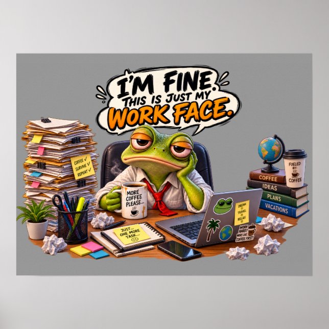 Funny Frog Work Face Wall Art Poster Print (Front)