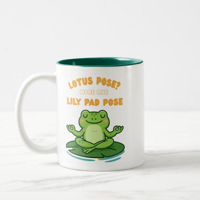 Funny Frog Yoga Cartoon Lotus Lily Pad Pose Design Two-Tone Coffee Mug (Left)