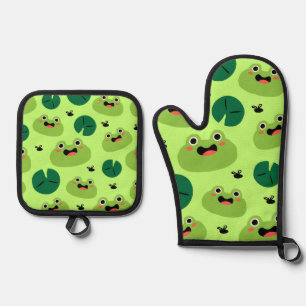 Funny frogs oven mitt & pot holder set